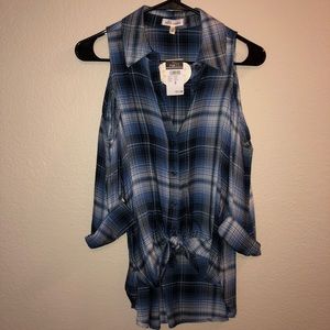 Cold shoulder button down top